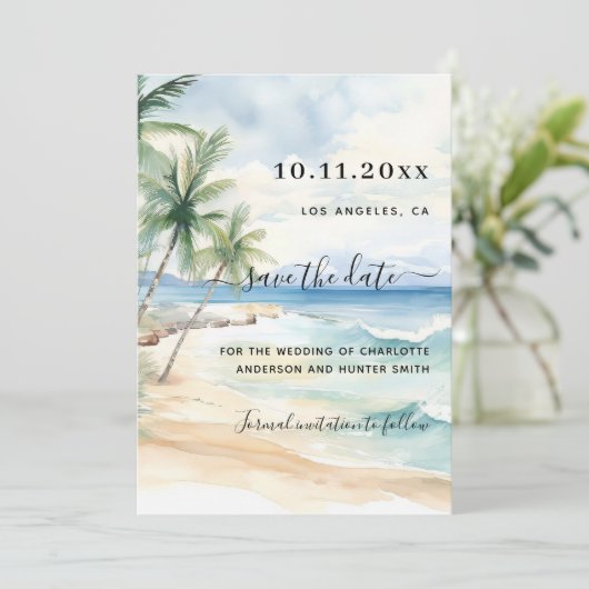 Tropische Hochzeit am Strand speichern Sie das Dat Save The Date (Stehend Vorderseite)