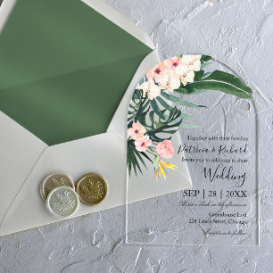 Tropische Hochzeit auf Palmenblättern Acryleinladungen