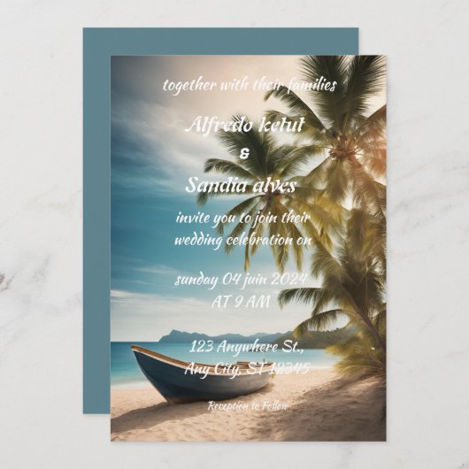 Tropische Hochzeit der Strandpalme Einladung (Vorne/Hinten)