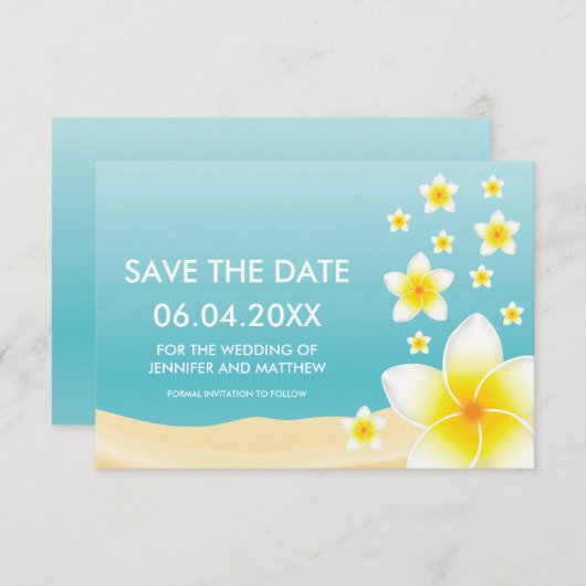 Tropische Hochzeit der weißen Plumeria rettet das Save The Date (Vorne/Hinten)