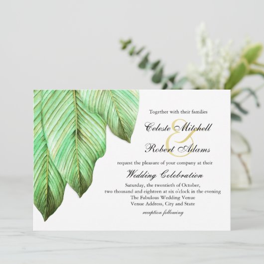 Tropische Hochzeit in Aquarellblättern Einladung (Stehend Vorderseite)
