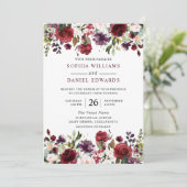 Tropische Hochzeit in Burgund Blume der Wasserfarb Einladung (Stehend Vorderseite)