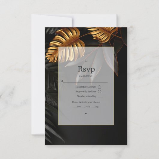 Tropische Hochzeit in Schwarz und Gold RSVP Karte (Vorderseite)