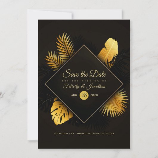 Tropische Hochzeit in Schwarz und Gold Save The Date (Vorderseite)
