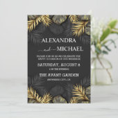 Tropische Hochzeit in Urlaubsort aus Schwarz und G Einladung (Stehend Vorderseite)