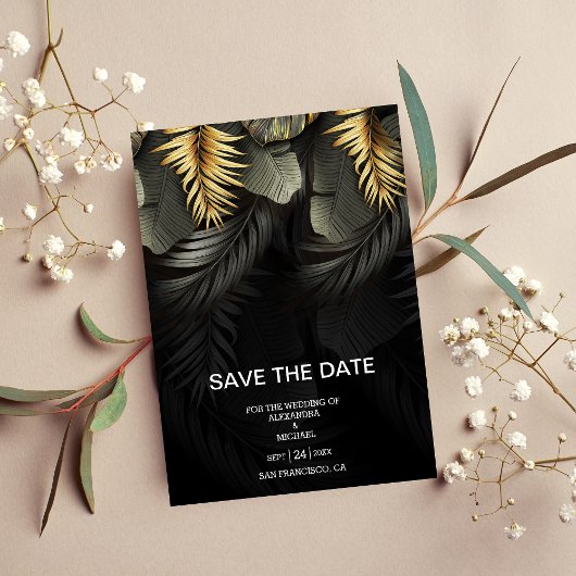 Tropische Hochzeit in Urlaubsort aus Schwarz und G Save The Date