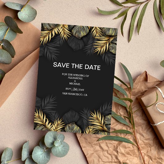 Tropische Hochzeit in Urlaubsort in Schwarz und Go Save The Date