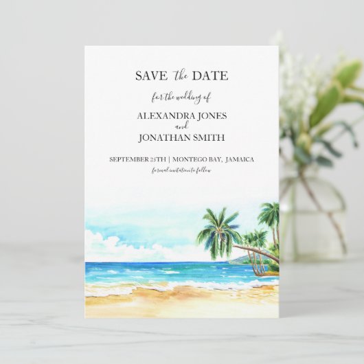 Tropische Hochzeit in Urlaubsort Save the Date (Stehend Vorderseite)