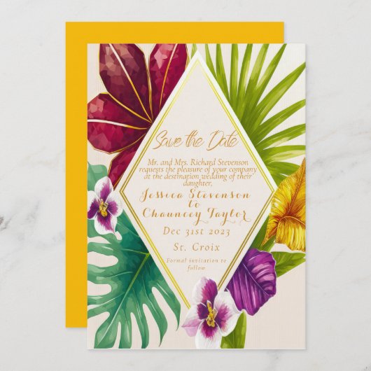 Tropische Hochzeit in Urlaubsort Save the Date Einladung (Vorne/Hinten)