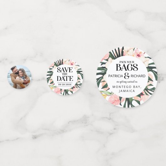 Tropische Hochzeit in Urlaubsort Save the Date Konfetti (Vorderseiten)