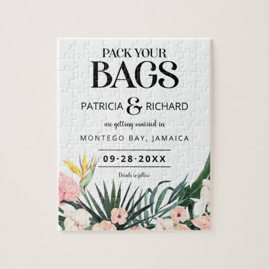 Tropische Hochzeit in Urlaubsort Save the Date Puzzle (Vertikal)
