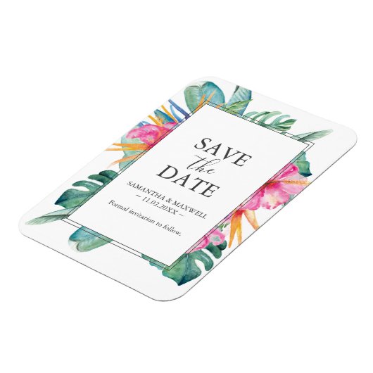 Tropische Hochzeit in Urlaubsort speichert Datumsm Magnet (Linke Seite)