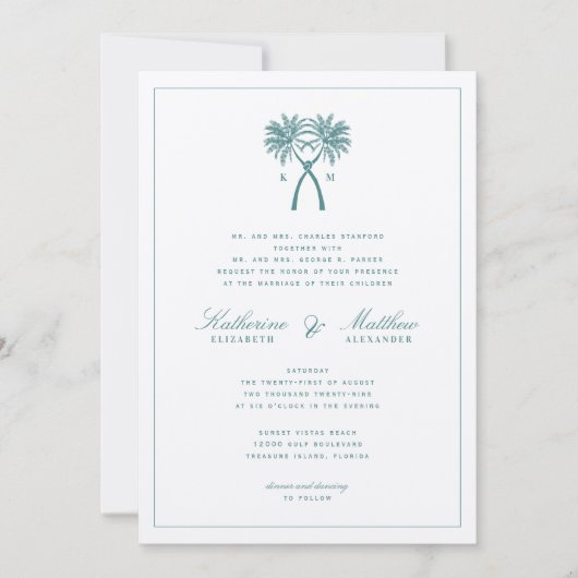 Tropische Hochzeit in Urlaubsort von Knotted Palm Einladung (Vorderseite)