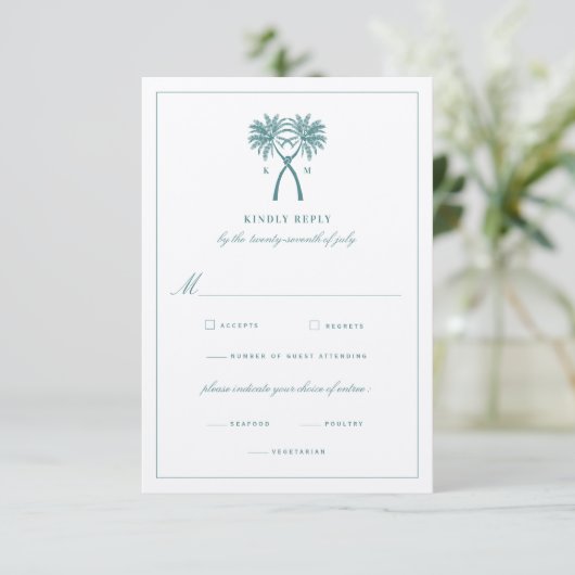 Tropische Hochzeit in Urlaubsort von Knotted Palm RSVP Karte (Stehend Vorderseite)