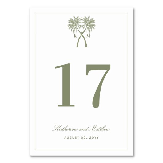 Tropische Hochzeit in Urlaubsort von Knotted Palm Tischnummer (Vorderseite)