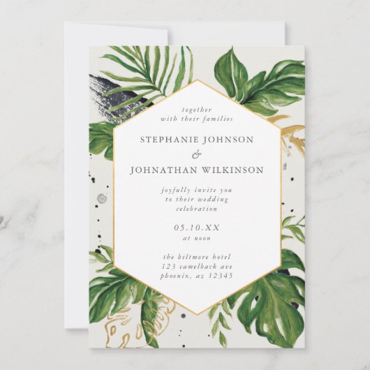 Tropische Hochzeit mit grüner und goldener Wasserf Einladung (Vorderseite)