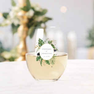 Tropische Hochzeit mit grüner und goldener Wasserf Weinglas Ohne Stiel