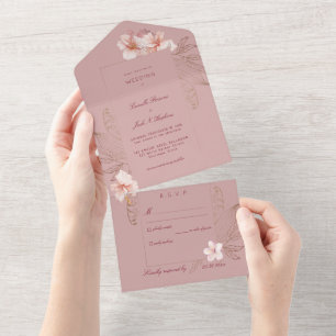 Tropische Hochzeit mit rosa Filigran-Ornamenten All In One Einladung