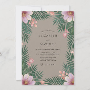 Tropische Hochzeit mit Taupe, Palme und Eukalyptus Einladung