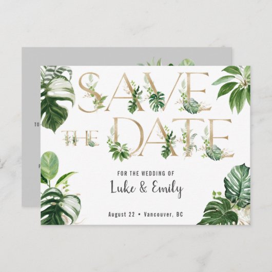 Tropische Hochzeit speichern Sie das Datum Postkarte (Vorne/Hinten)