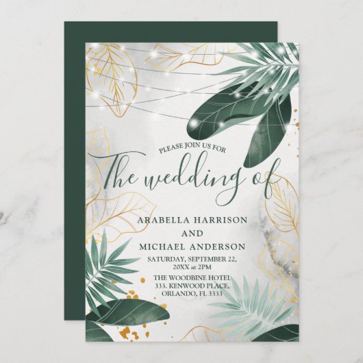 Tropische Hochzeit von Grün und Gold Einladung (Vorne/Hinten)