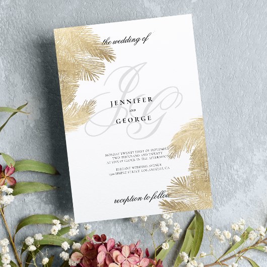 Tropische Hochzeit von weißem Goldmonogramm Einladung