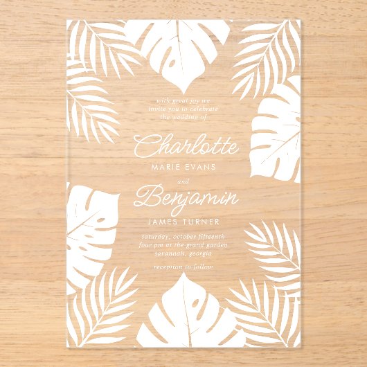 Tropische Hochzeit von White Monstera Acryleinladungen (Vorderseite)