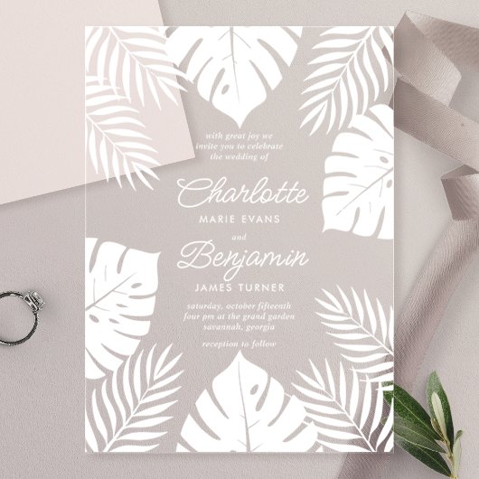 Tropische Hochzeit von White Monstera Acryleinladungen