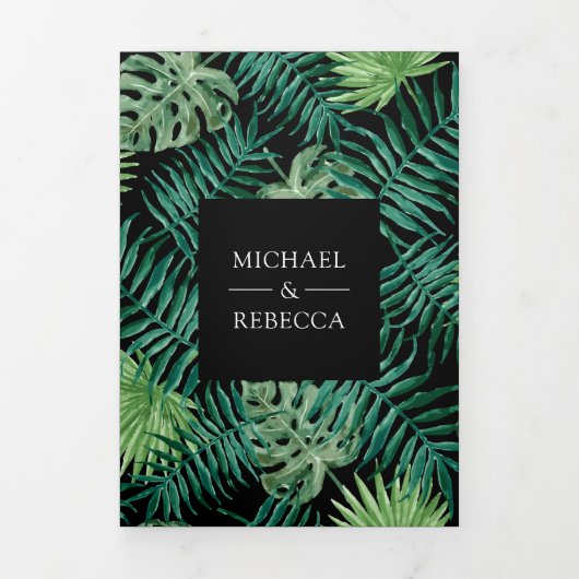 Tropische Hochzeiten auf den Blätter Green und Bla Dreifach Gefaltete Einladung (Cover)