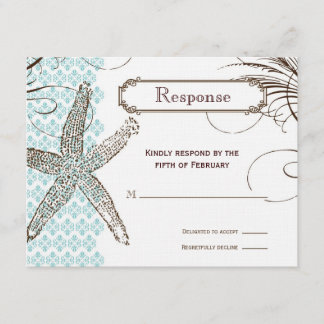 Tropische Hochzeitsaktionskarte für Blue Damask RSVP Karte