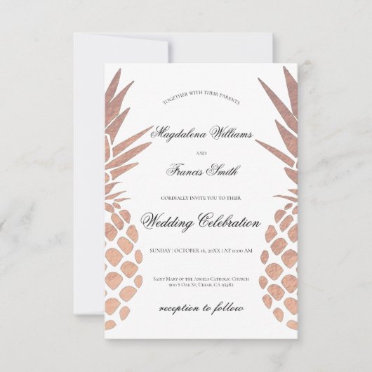 Tropische Hochzeitsfeiern Imitate Goldkiefern Einladung (Vorderseite)