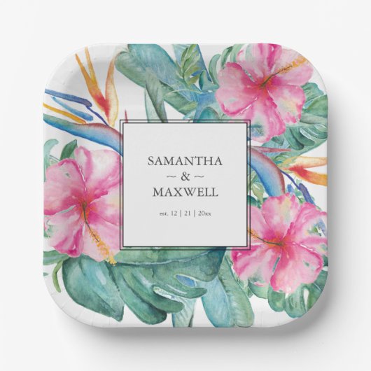Tropische Hochzeitsflora mit Namen Pappteller (Vorderseite)