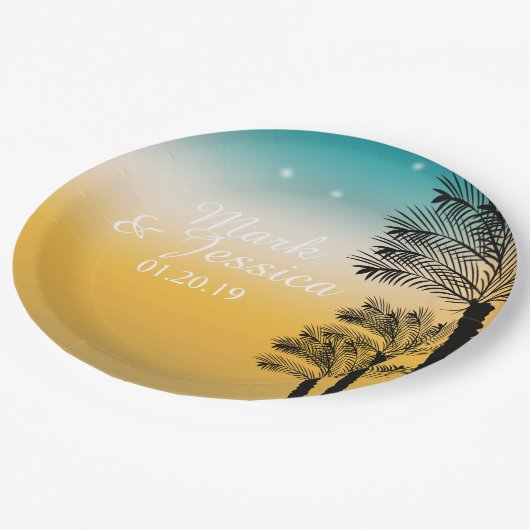 Tropische Hochzeitspalmen Palmen Pink Sunset Beach Pappteller (Schrägansicht)