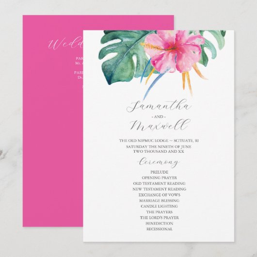 Tropische Hochzeitsprogramme Rosa Blume Programm (Vorne/Hinten)