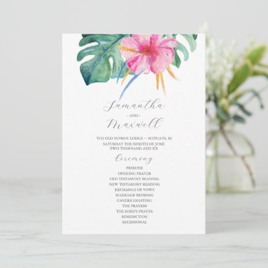 Tropische Hochzeitsprogramme Rosa Blume Programm (Stehend Vorderseite)