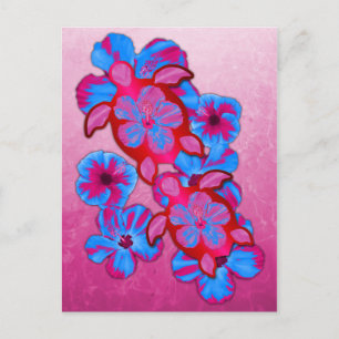 Tropische Honu-Schildkröten und Hibiskus-Blume Postkarte