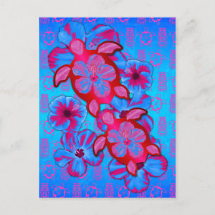 Tropische Honu-Schildkröten und Hibiskus-Blume Postkarte