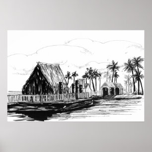 Tropische Insel Hütten Palmen Totempfähle Poster
