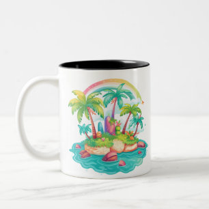 Tropische Insel mit Palmen und Regenbogen Zweifarbige Tasse
