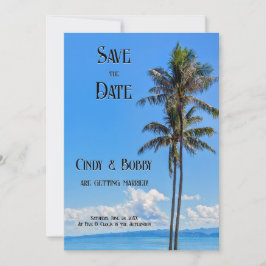 Tropische Insel, Palmen, blaues Meer, Hochzeitssaa Save The Date