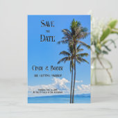 Tropische Insel, Palmen, blaues Meer, Hochzeitssaa Save The Date (Stehend Vorderseite)
