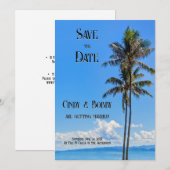 Tropische Insel, Palmen, blaues Meer, Hochzeitssaa Save The Date (Vorne/Hinten)