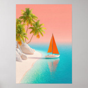 tropische Insel Szene mit Palmen, Segelboot Poster