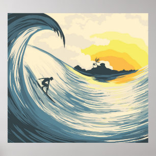 Tropische Insel, Welle, Surfer Sonnenuntergang. Poster
