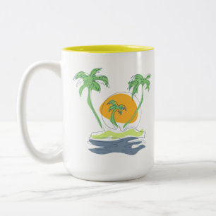 Tropische Inselstrandkulisse. Umriss Palme  Zweifarbige Tasse