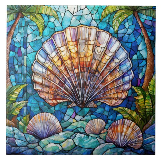Tropische Jakobsmuschel Gestaltete Glaskunst Fliese (Vorderseite)