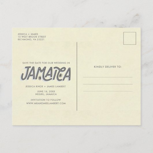 Tropische Jamaika-Hochzeit in Urlaubsort Save the Ankündigungspostkarte (Rückseite)