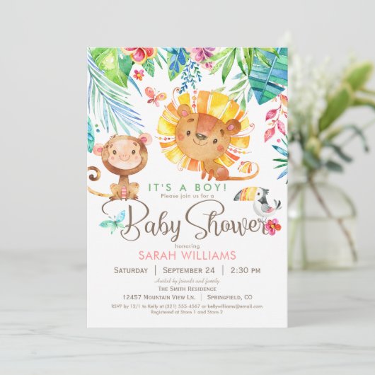 Tropische Jungle-Kinderdusche, Junge oder Mädchen Einladung (Stehend Vorderseite)