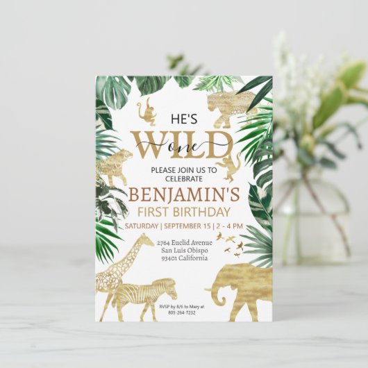 Tropische Jungle Safari Tiere Geburtstag Einladung (Stehend Vorderseite)