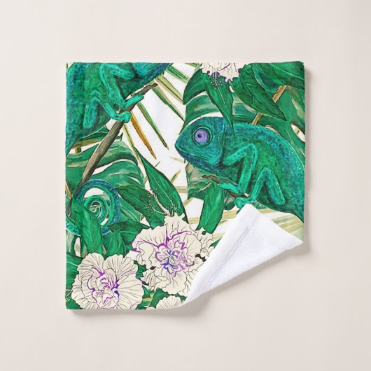 Tropische Kamelien u. Chamäleone Badhandtuch Set (Waschlappen)